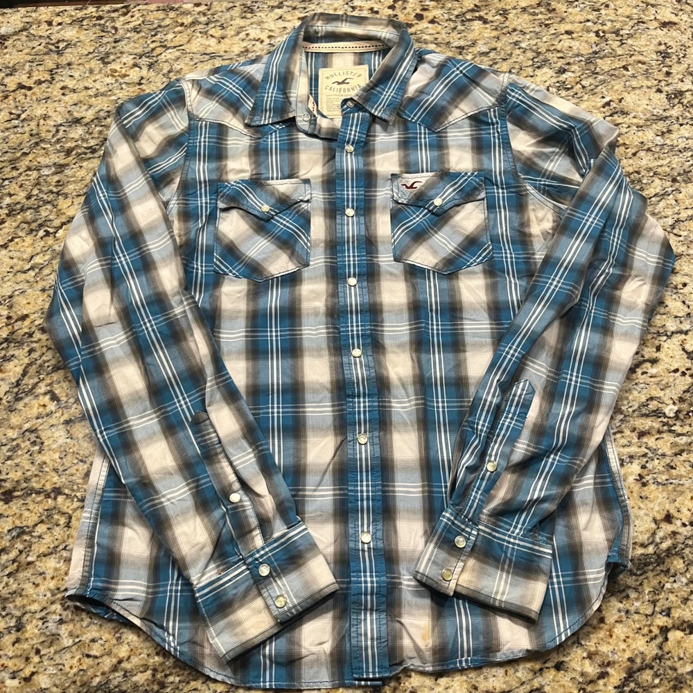 Hollister Mens XL Blue Plaid Pearl Snap Western Long Sleeve Cotton Shirt‎
